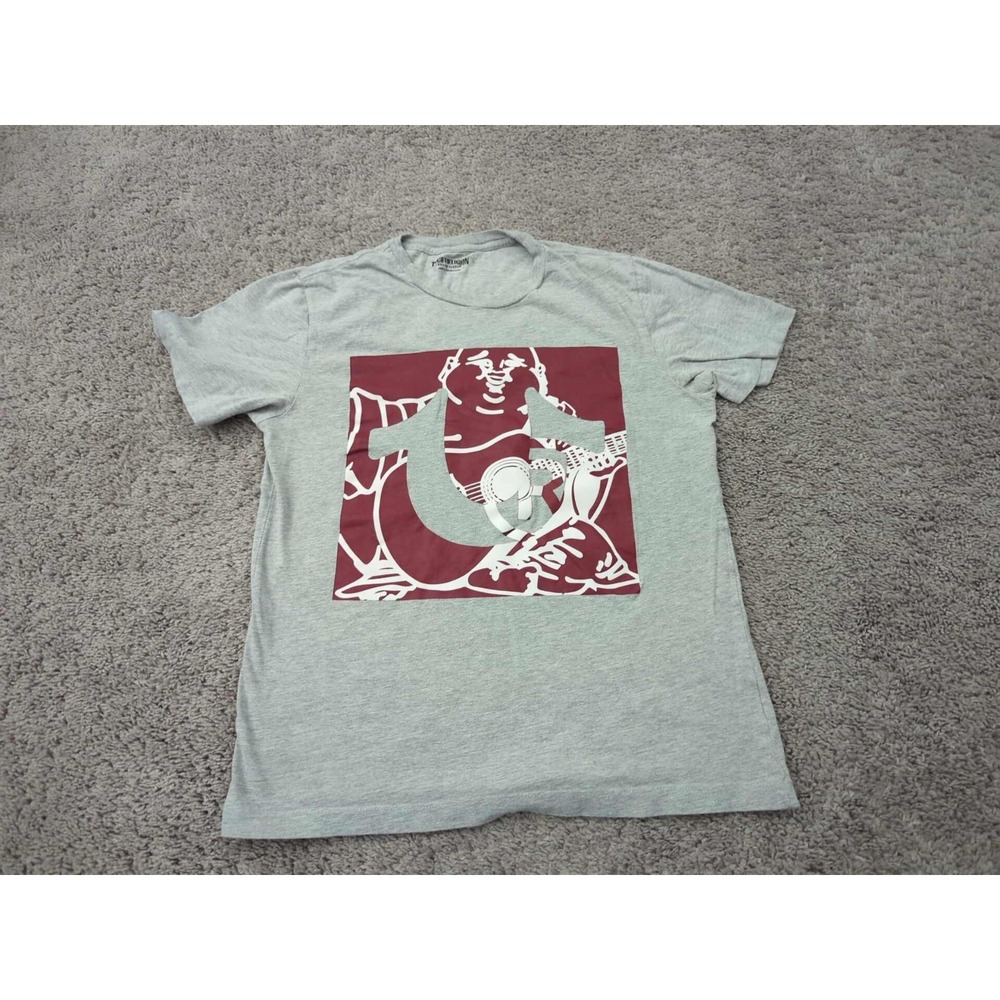 True Religion T Shirt Mens Small Gray Short Sleeve Buddha Guitar